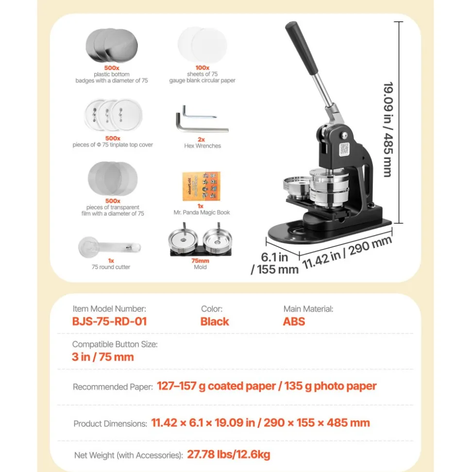 VEVOR Button Maker Machine, 3 in, Pin Maker Machine with 500pcs Button Parts, Circle Cutter, Hex Wrenches and Magic Book, Ergonomic Handle, for DIY Badges, Personalized Pins and Key Chains, Black