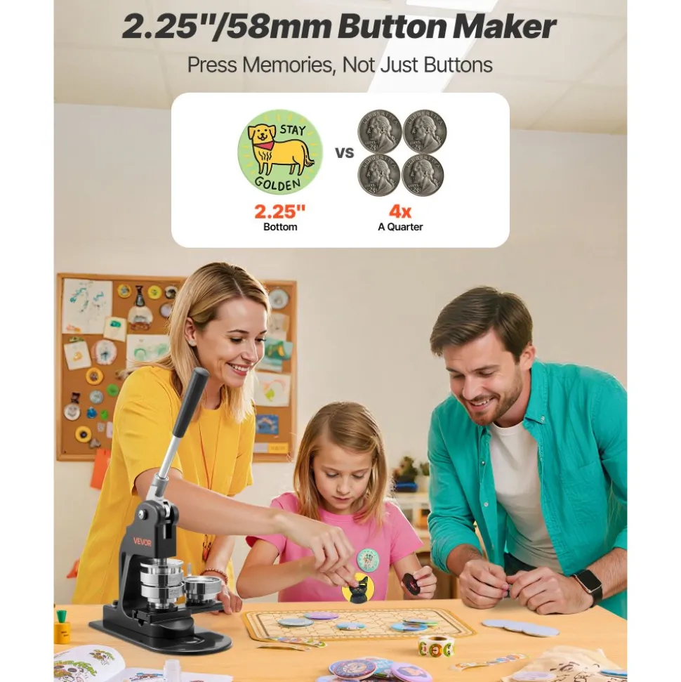 VEVOR Button Maker Machine, 2.28 inch/58mm Pin Maker with 100pcs Button Parts, Ergonomic Arc Handle Punch Press Kit, Button Maker with Panda Magic Book, For Children DIY Gifts and Christmas