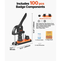 VEVOR Button Maker Machine, 0.98 inch/25mm Pin Maker with 500pcs Button Parts, Button Maker with Panda Magic Book, Ergonomic Arc Handle Punch Press Kit, For Children DIY Gifts and Christmas
