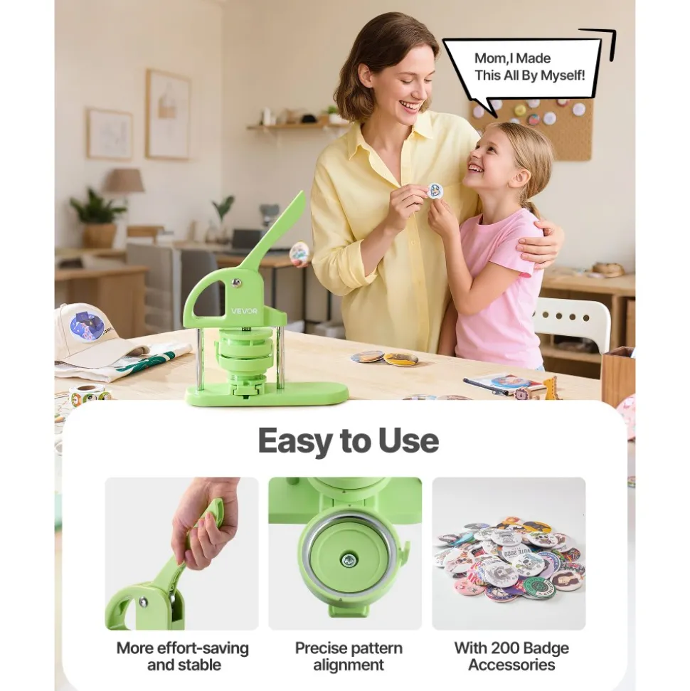 VEVOR Button Maker Machine, 1.26/2.28 inch 2-in-1, Plastic Pin Maker with 200 pcs Button Parts, Circle Cutter and Magic Book, Reinforced Ergonomic Handle, for DIY Badges, Personalized Pins, Green