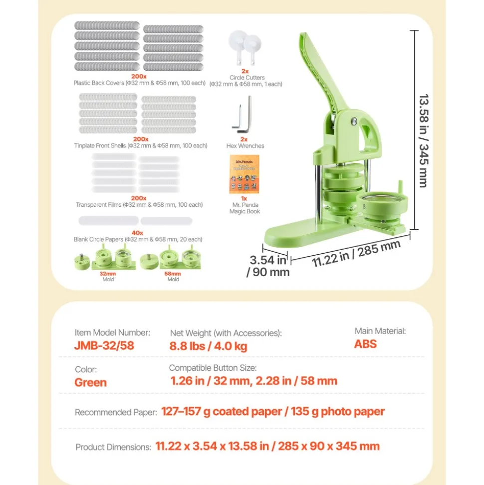 VEVOR Button Maker Machine, 1.26/2.28 inch 2-in-1, Plastic Pin Maker with 200 pcs Button Parts, Circle Cutter and Magic Book, Reinforced Ergonomic Handle, for DIY Badges, Personalized Pins, Green