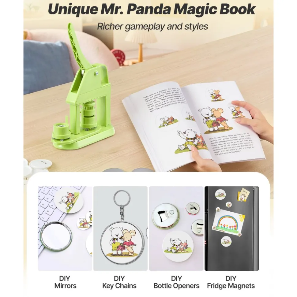 VEVOR Button Maker Machine, 0.98 in, Plastic Pin Maker with 500pcs Button Parts, Mr. Panda Magic Book, Circle Cutter and Hex Wrenches, Reinforced Ergonomic Handle, for DIY Badges, Personalized Pins