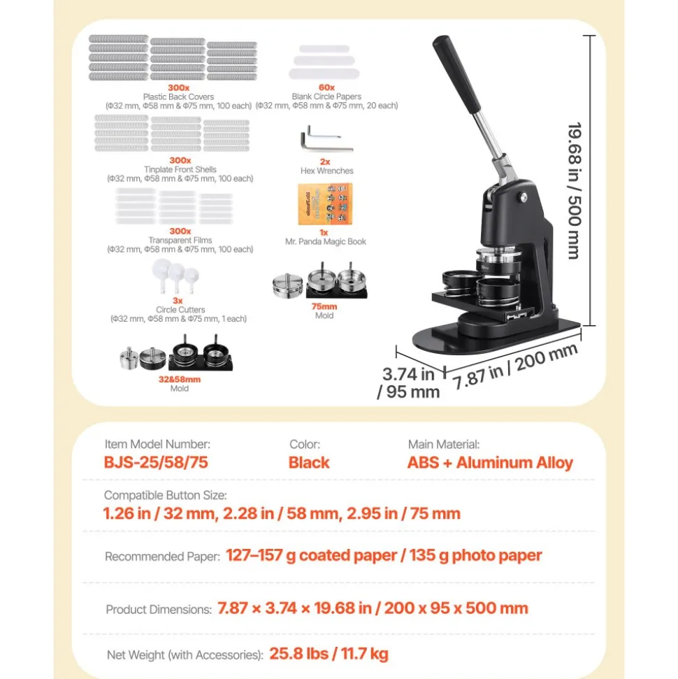 VEVOR Button Maker Machine, 1.26/2.28/2.95 inch 3-in-1, Plastic Pin Maker with 300pcs Button Parts, Circle Cutter and Magic Book, Reinforced Ergonomic Handle, for DIY Badges, Personalized Pins, Black