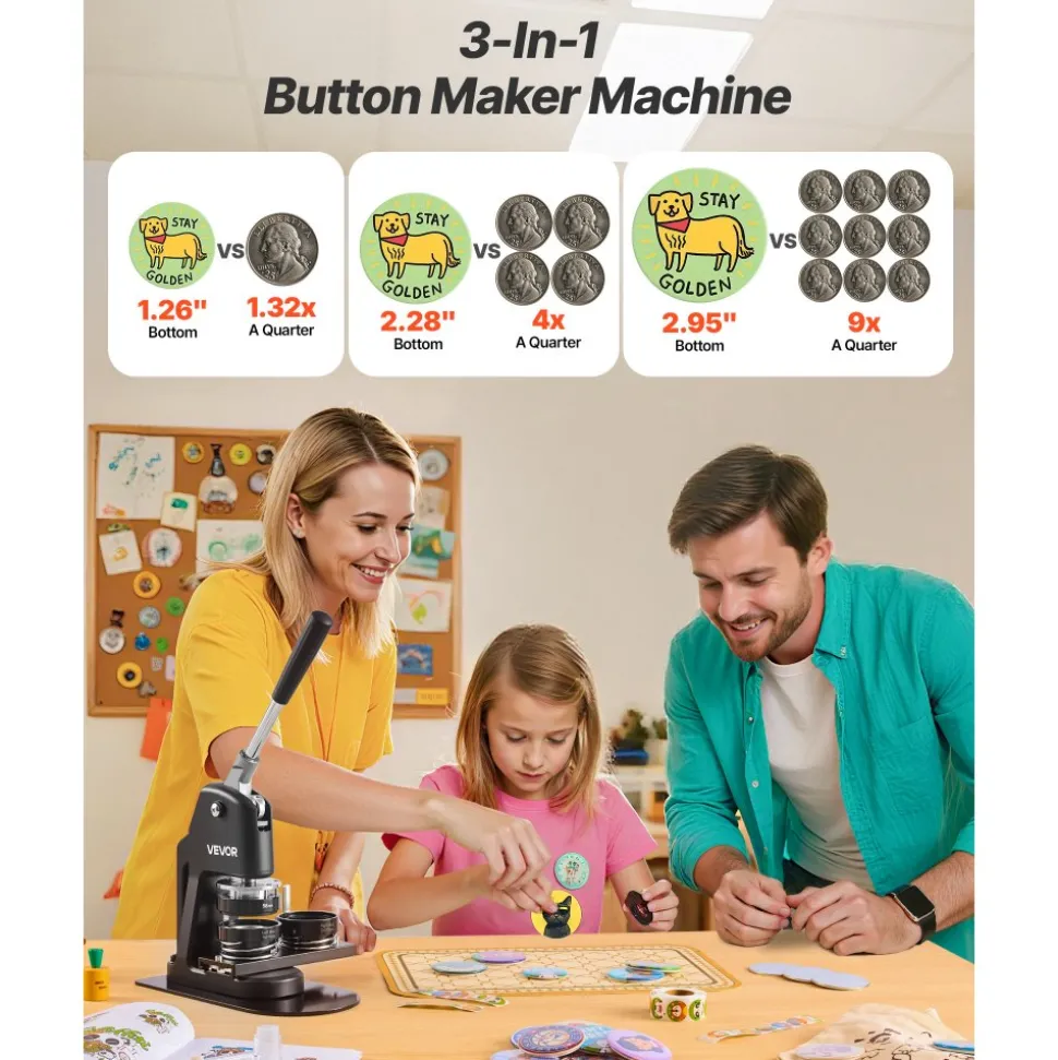 VEVOR Button Maker Machine, 1.26/2.28/2.95 inch 3-in-1, Plastic Pin Maker with 300pcs Button Parts, Circle Cutter and Magic Book, Reinforced Ergonomic Handle, for DIY Badges, Personalized Pins, Black
