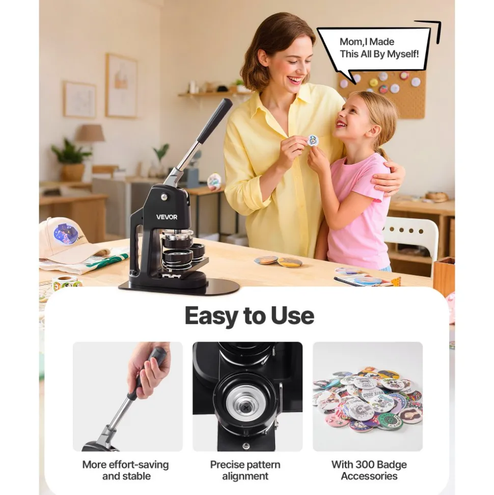 VEVOR Button Maker Machine, 1.26/2.28/2.95 inch 3-in-1, Plastic Pin Maker with 300pcs Button Parts, Circle Cutter and Magic Book, Reinforced Ergonomic Handle, for DIY Badges, Personalized Pins, Black
