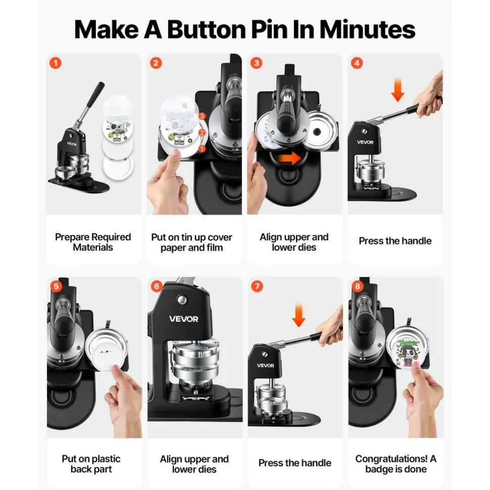 VEVOR Button Maker Machine 1.25"/2.25"/3"(32/58/75 mm) 3-in-1 Pin Maker, with 300pcs Button Parts, Circle Cutter, Magic Book, Ergonomic Handle, for DIY Badges, Pins, Fridge Magnets and Key Chains