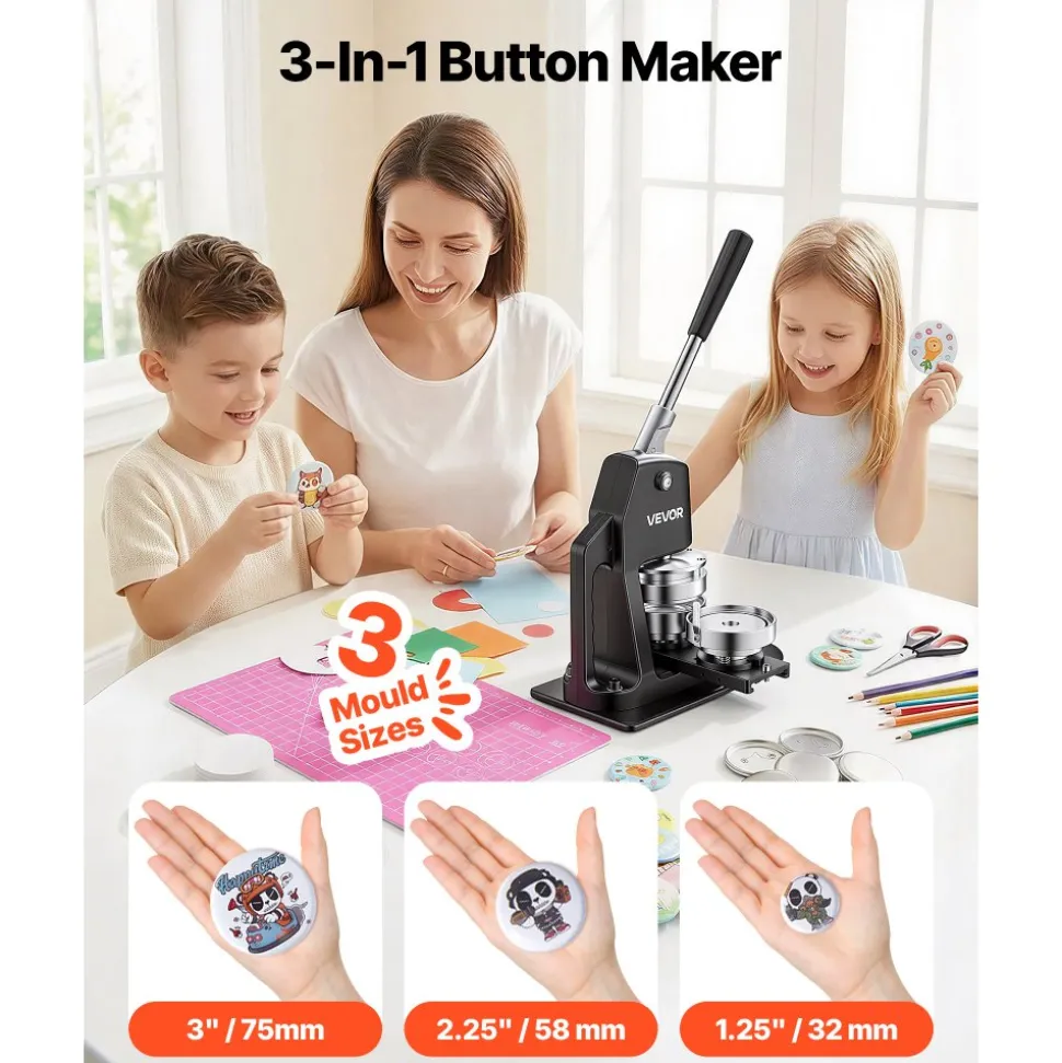 VEVOR Button Maker Machine 1.25"/2.25"/3"(32/58/75 mm) 3-in-1 Pin Maker, with 300pcs Button Parts, Circle Cutter, Magic Book, Ergonomic Handle, for DIY Badges, Pins, Fridge Magnets and Key Chains