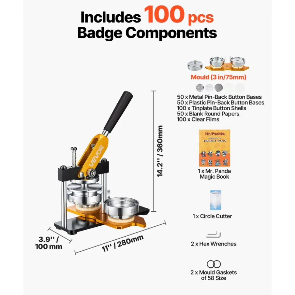 VEVOR Button Maker Machine, 75 mm (3 inch) Badge Punch Press Kit, Children DIY Gifts Pin Maker, Button Making Supplies with 500pcs Button Parts & Circle Cutter & Magic Book