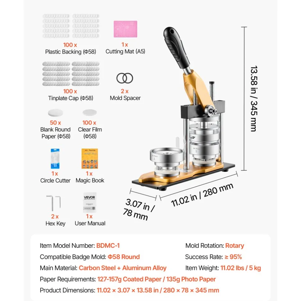 VEVOR Button Maker Machine, 2.25" / 58 mm, Solid Metal Pin Maker with 100pcs Button Parts, Circle Cutter and Magic Book, Reinforced Ergonomic Handle, Steel Mold, for DIY Badges, Pins, Key Chains