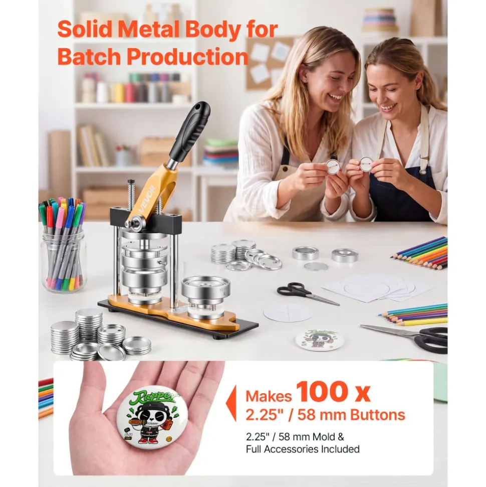 VEVOR Button Maker Machine, 2.25" / 58 mm, Solid Metal Pin Maker with 100pcs Button Parts, Circle Cutter and Magic Book, Reinforced Ergonomic Handle, Steel Mold, for DIY Badges, Pins, Key Chains