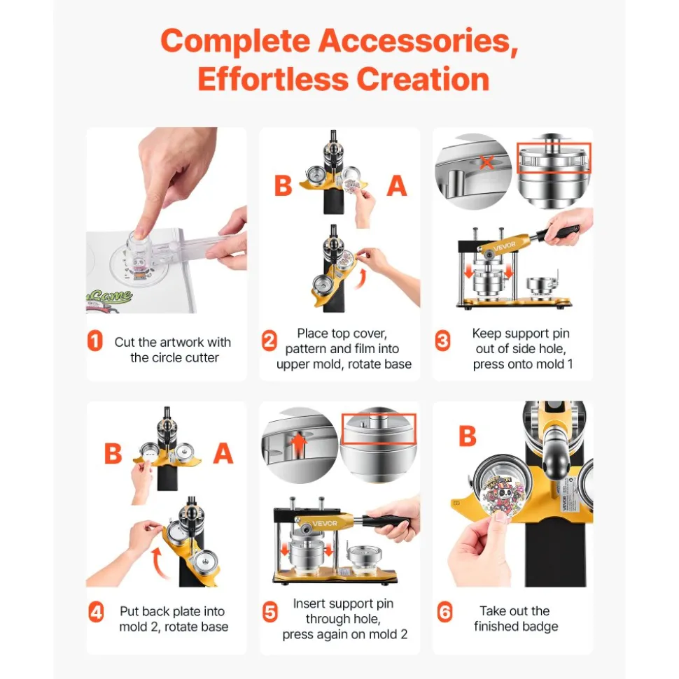 VEVOR Button Maker Machine, 2.25" / 58 mm, Solid Metal Pin Maker with 100pcs Button Parts, Circle Cutter and Magic Book, Reinforced Ergonomic Handle, Steel Mold, for DIY Badges, Pins, Key Chains