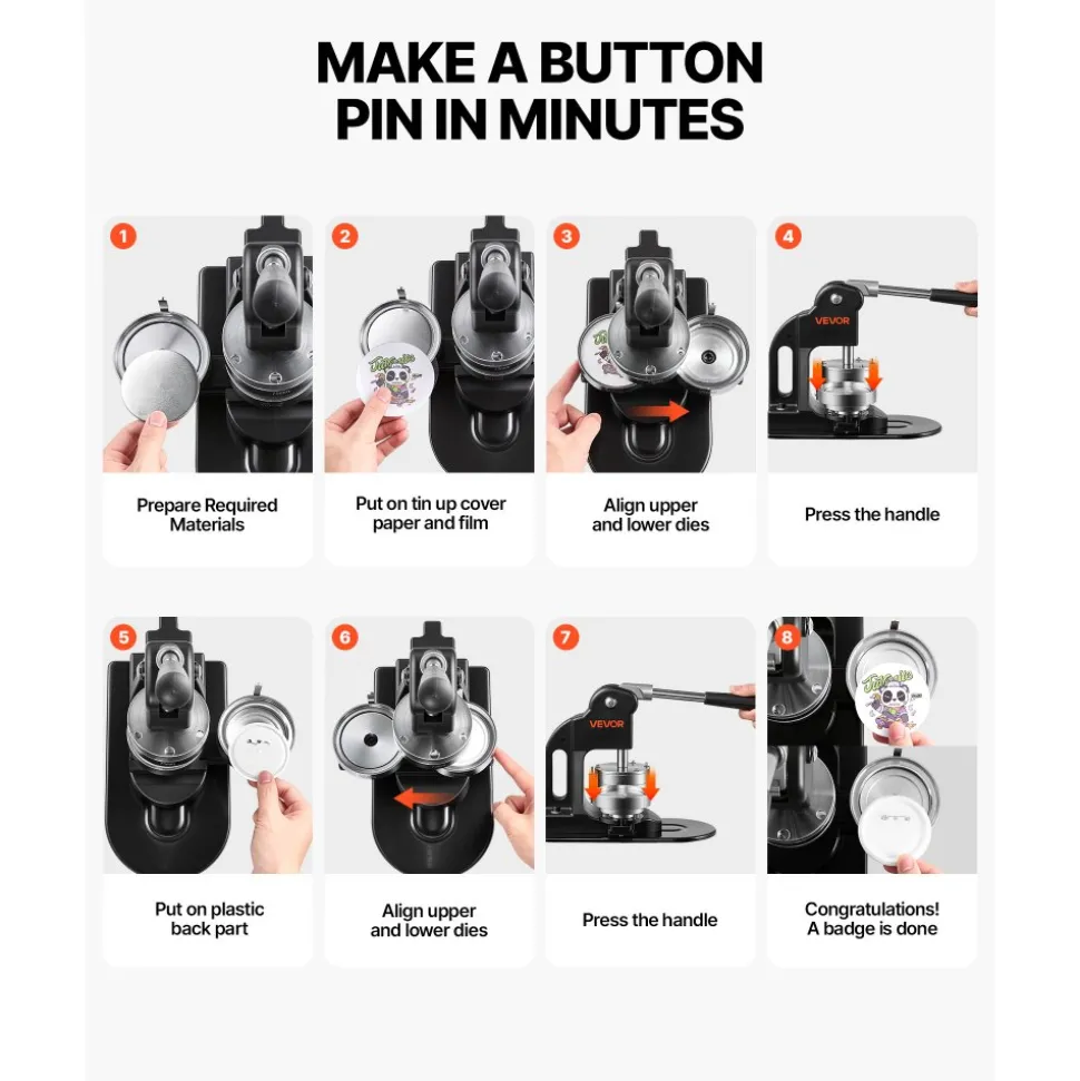 VEVOR Button Maker Machine 3" / 75mm Pin Maker 500pcs Button Parts Black, with Circle Cutter, Magic Book, and Hex Wrenches, Ergonomic Handle, for DIY Badges, Pins, Fridge Magnets and Key Chains