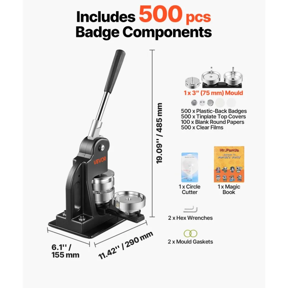 VEVOR Button Maker Machine 3" / 75mm Pin Maker 500pcs Button Parts Black, with Circle Cutter, Magic Book, and Hex Wrenches, Ergonomic Handle, for DIY Badges, Pins, Fridge Magnets and Key Chains