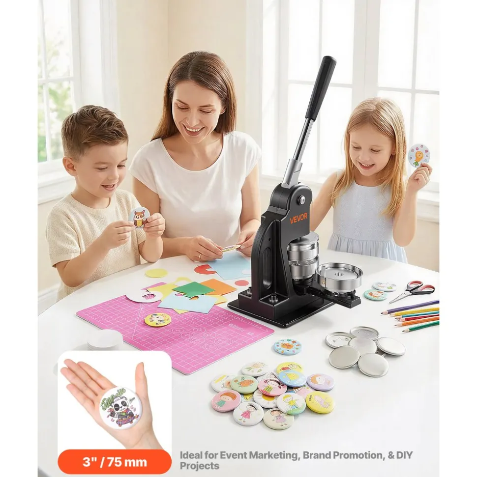VEVOR Button Maker Machine 3" / 75mm Pin Maker 500pcs Button Parts Black, with Circle Cutter, Magic Book, and Hex Wrenches, Ergonomic Handle, for DIY Badges, Pins, Fridge Magnets and Key Chains