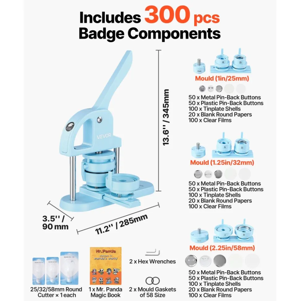 VEVOR Button Maker Machine 1"/1.25"/2.25"(25/32/58 mm) Pin Maker Blue, with 300pcs Button Parts, Circle Cutter and Magic Book, Ergonomic Handle, for DIY Badges, Pins, Fridge Magnets and Key Chains