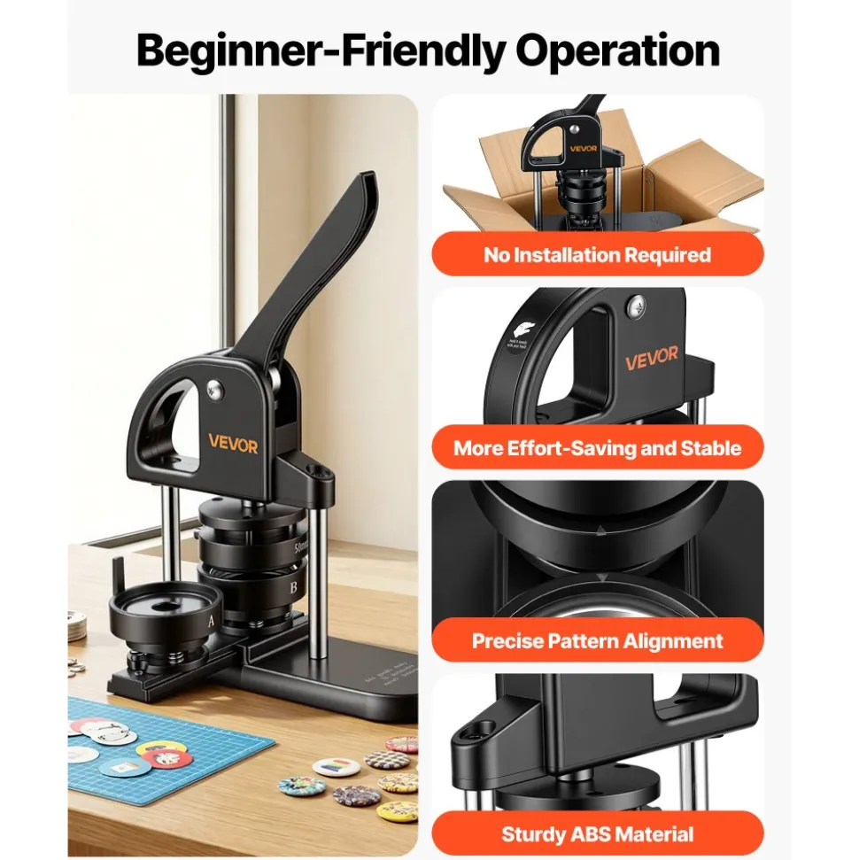 VEVOR Button Maker Machine 1"/1.25"/2.25"(25/32/58 mm) Pin Maker Black, with 300pcs Button Parts, Circle Cutter and Magic Book, Ergonomic Handle, for DIY Badges, Pins, Fridge Magnets and Key Chains