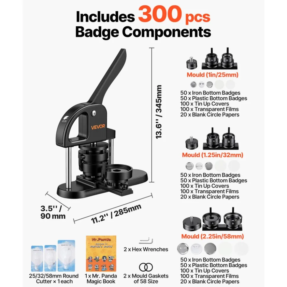 VEVOR Button Maker Machine 1"/1.25"/2.25"(25/32/58 mm) Pin Maker Black, with 300pcs Button Parts, Circle Cutter and Magic Book, Ergonomic Handle, for DIY Badges, Pins, Fridge Magnets and Key Chains