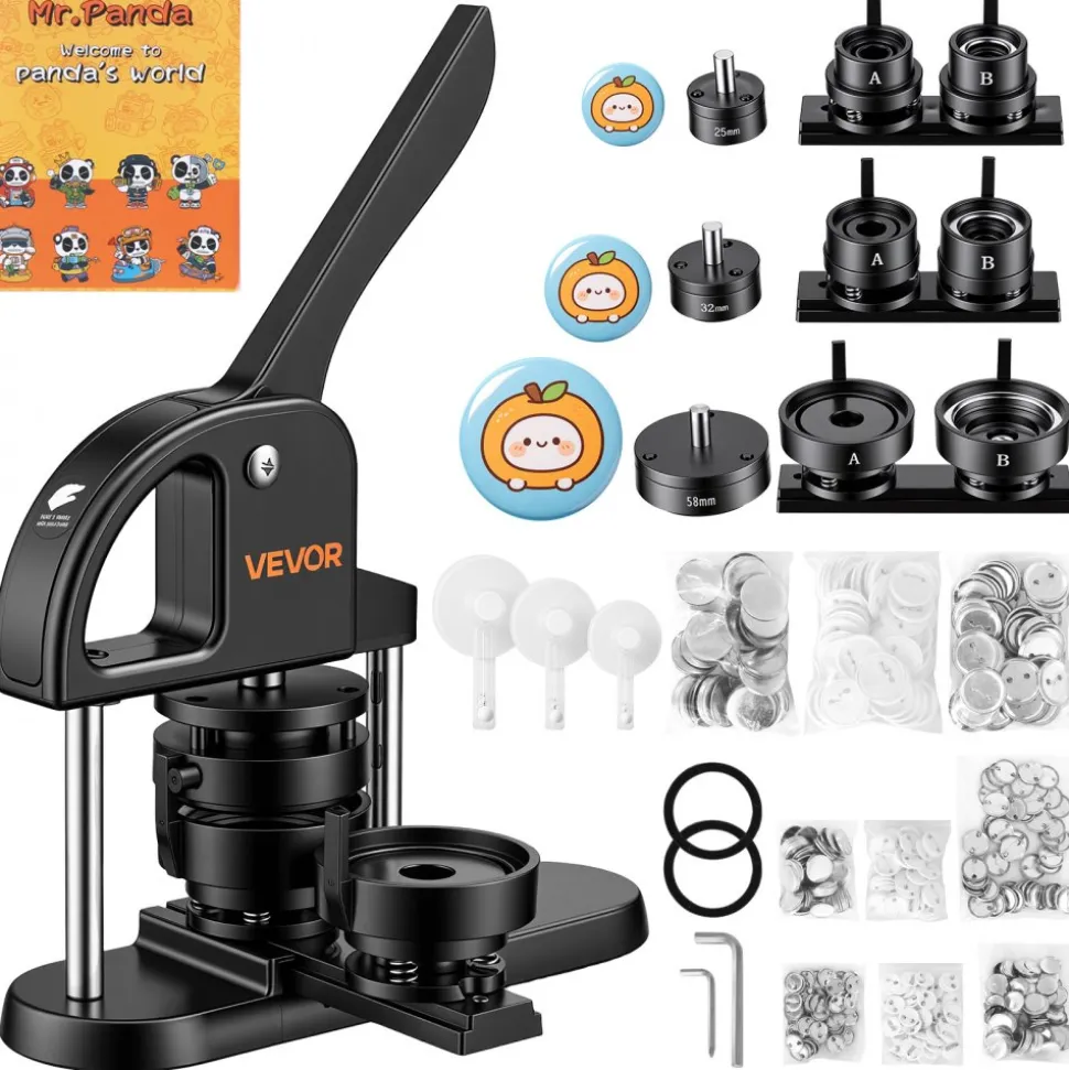 VEVOR Button Maker Machine 1"/1.25"/2.25"(25/32/58 mm) Pin Maker Black, with 300pcs Button Parts, Circle Cutter and Magic Book, Ergonomic Handle, for DIY Badges, Pins, Fridge Magnets and Key Chains
