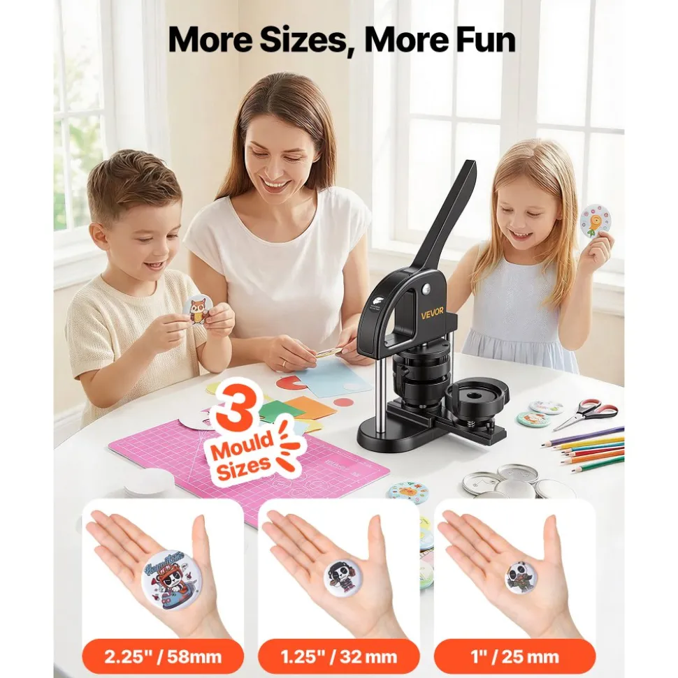 VEVOR Button Maker Machine 1"/1.25"/2.25"(25/32/58 mm) Pin Maker Black, with 300pcs Button Parts, Circle Cutter and Magic Book, Ergonomic Handle, for DIY Badges, Pins, Fridge Magnets and Key Chains