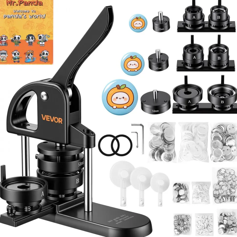 VEVOR Button Maker Machine 1"/1.25"/2.25"(25/32/58 mm) Pin Maker Black, with 300pcs Button Parts, Circle Cutter and Magic Book, Ergonomic Handle, for DIY Badges, Pins, Fridge Magnets and Key Chains