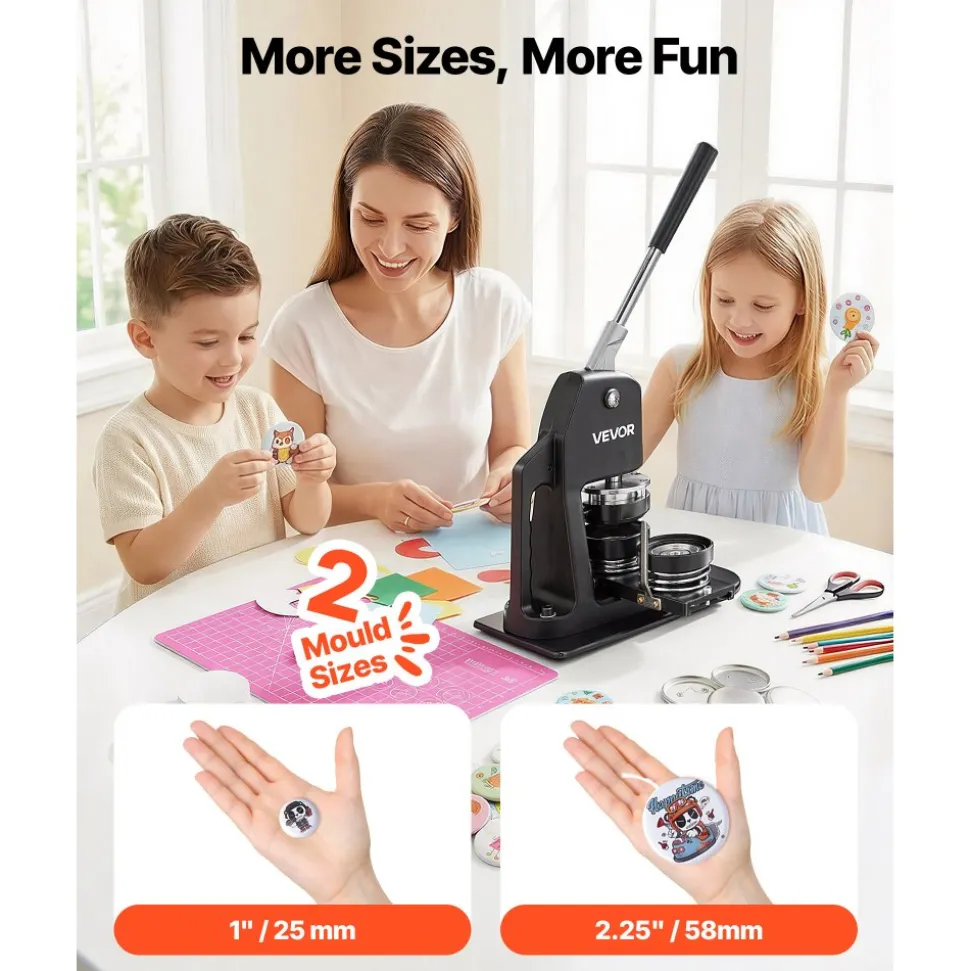 VEVOR Button Maker Machine, Multiple Sizes 1+2.25 Inch Badge Punch Press Kit, Children DIY Gifts Pin Maker, Button Making Supplies with 500pcs Button Parts & Circle Cutter & Magic Book
