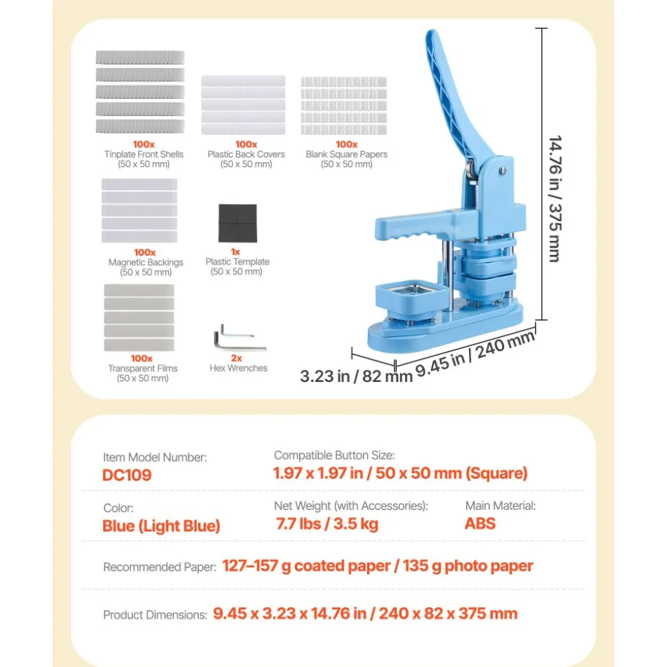VEVOR Button Maker Machine, 1.97 x 1.97 in Square, Plastic Pin Maker with Tinplate Front Shells, Plastic Back Covers, Magnetic Backings and Transparent Films, Ergonomic Handle, for DIY Badges, Blue