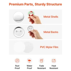 VEVOR Button Maker Supplies 200 Sets 2.28 in / 58 mm Pin Back Button Parts, with Metal Backs, Metal Shells, Clear Mylar Films, and Blank Circle Papers, for Home DIY, School Events, and Custom Studio