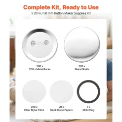 VEVOR Button Maker Supplies 200 Sets 2.28 in / 58 mm Pin Back Button Parts, with Metal Backs, Metal Shells, Clear Mylar Films, and Blank Circle Papers, for Home DIY, School Events, and Custom Studio