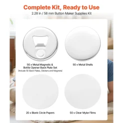 VEVOR Button Maker Supplies 50 Sets 2.28 in / 58 mm Magnet Button Parts, with Magnetic and Bottle Opener Backs, Metal Shells, Clear Mylar Films, and Blank Circle Papers, for Home DIY, Kitchen Decor