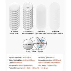 VEVOR Button Maker Supplies 50 Sets 2.28 in / 58 mm Magnet Button Parts, with Magnetic and Bottle Opener Backs, Metal Shells, Clear Mylar Films, and Blank Circle Papers, for Home DIY, Kitchen Decor