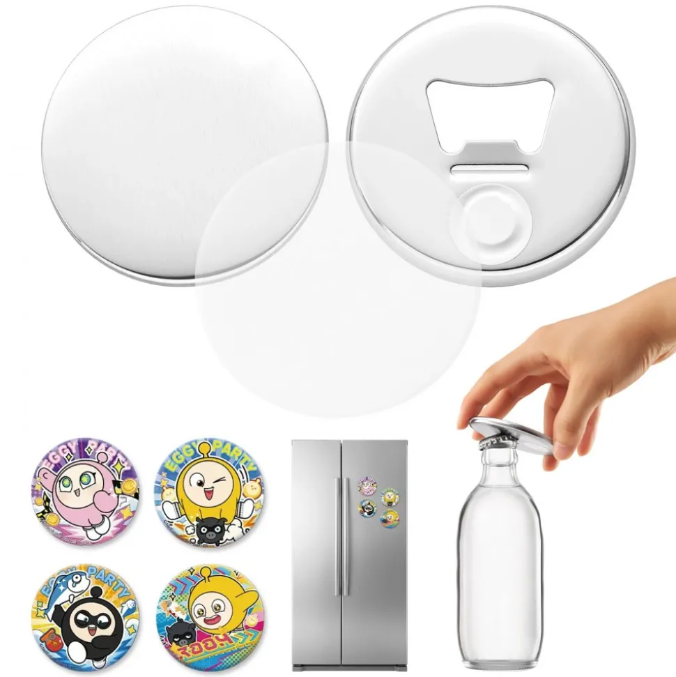 VEVOR Button Maker Supplies 50 Sets 2.95 in / 75 mm Magnet Button Parts, with Magnetic and Bottle Opener Backs, Metal Shells, Clear Mylar Films, and Blank Circle Papers, for Home DIY, Kitchen Decor