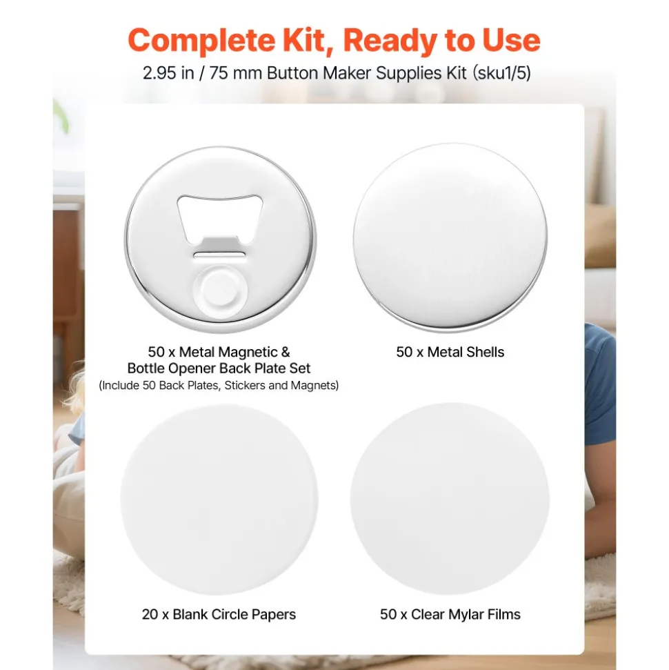VEVOR Button Maker Supplies 50 Sets 2.95 in / 75 mm Magnet Button Parts, with Magnetic and Bottle Opener Backs, Metal Shells, Clear Mylar Films, and Blank Circle Papers, for Home DIY, Kitchen Decor