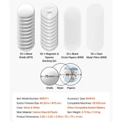 VEVOR Button Maker Supplies 50 Sets 2.95 in / 75 mm Magnet Button Parts, with Magnetic and Bottle Opener Backs, Metal Shells, Clear Mylar Films, and Blank Circle Papers, for Home DIY, Kitchen Decor