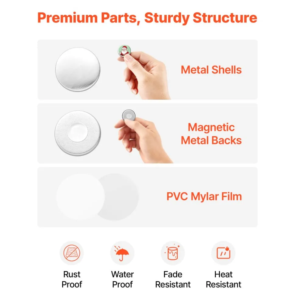 VEVOR Button Maker Supplies 50 Sets 1.26 in / 32 mm Refrigerator Magnets, Button Parts with Magnetic Backs, Metal Shells, Clear Mylar Films, and Blank Circle Papers, for Home DIY and Kitchen Decor