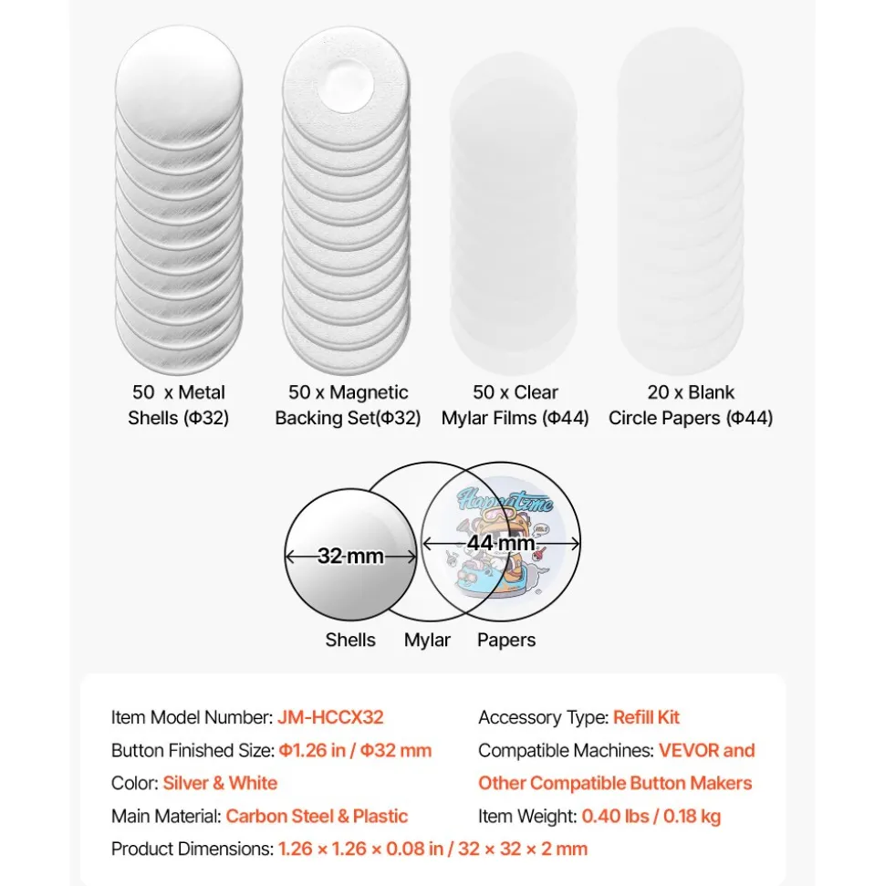 VEVOR Button Maker Supplies 50 Sets 1.26 in / 32 mm Refrigerator Magnets, Button Parts with Magnetic Backs, Metal Shells, Clear Mylar Films, and Blank Circle Papers, for Home DIY and Kitchen Decor