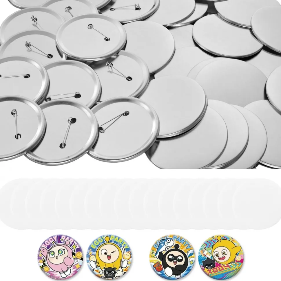 VEVOR Button Maker Supplies 100 Sets 2.95 in / 75 mm Pin Back Button Parts, with Metal Backs, Metal Shells, Clear Mylar Films, and Blank Circle Papers, for Home DIY, School Events, and Custom Studio