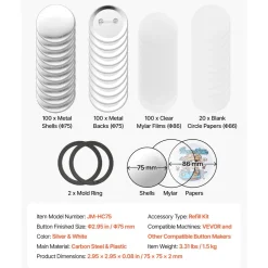 VEVOR Button Maker Supplies 100 Sets 2.95 in / 75 mm Pin Back Button Parts, with Metal Backs, Metal Shells, Clear Mylar Films, and Blank Circle Papers, for Home DIY, School Events, and Custom Studio