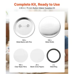 VEVOR Button Maker Supplies 100 Sets 2.95 in / 75 mm Pin Back Button Parts, with Metal Backs, Metal Shells, Clear Mylar Films, and Blank Circle Papers, for Home DIY, School Events, and Custom Studio