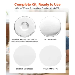 VEVOR Button Maker Supplies 50 Sets 0.98 in / 25 mm Refrigerator Magnets, Button Parts with Magnetic Backs, Metal Shells, Clear Mylar Films, and Blank Circle Papers, for Home DIY and Kitchen Decor