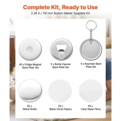 VEVOR Button Maker Supplies 50 Sets 2.28 in / 58 mm Refrigerator Magnets, Bottle Openers, and Keychains Button Parts with Backs, Shells, Clear Mylar Films, and Blank Circle Papers, for Home DIY
