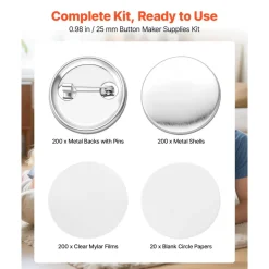 VEVOR Button Maker Supplies 200 Sets 0.98 in / 25 mm Pin Back Button Parts, with Metal Backs, Metal Shells, Clear Mylar Films, and Blank Circle Papers, for Home DIY, School Events, and Custom Studio