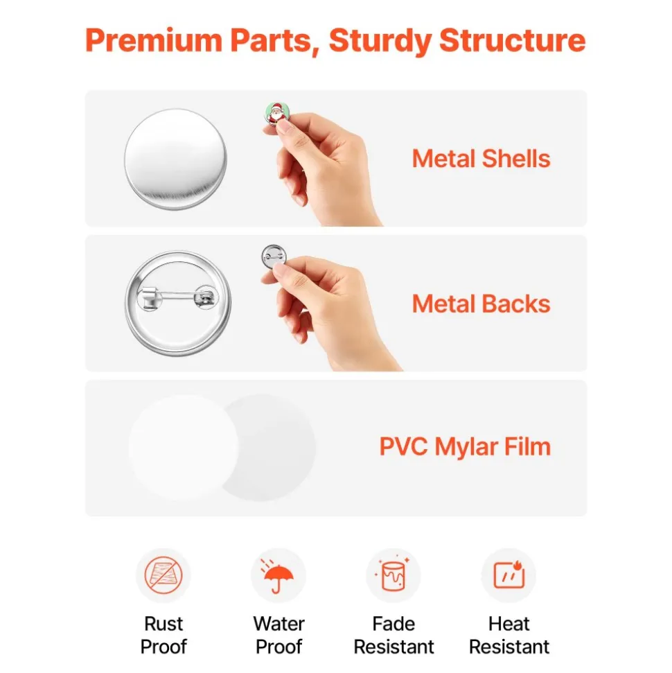 VEVOR Button Maker Supplies 200 Sets 0.98 in / 25 mm Pin Back Button Parts, with Metal Backs, Metal Shells, Clear Mylar Films, and Blank Circle Papers, for Home DIY, School Events, and Custom Studio