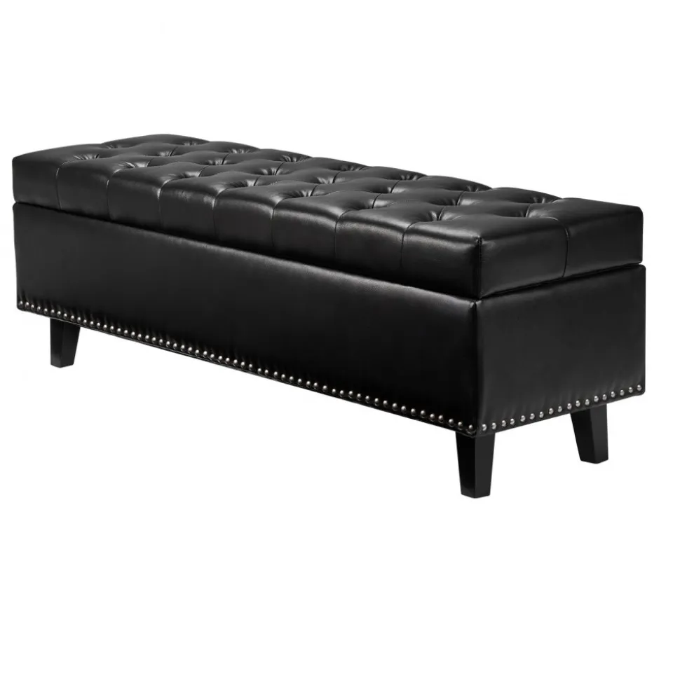 VEVOR Button-Tufted Storage Ottoman Bench, PU Leather Bench with Storage and Solid Wood Legs, Modern Shoe Benches Seat for Entryway, Upholstered End of Bed Benches for Living Room, Dining Room, Black