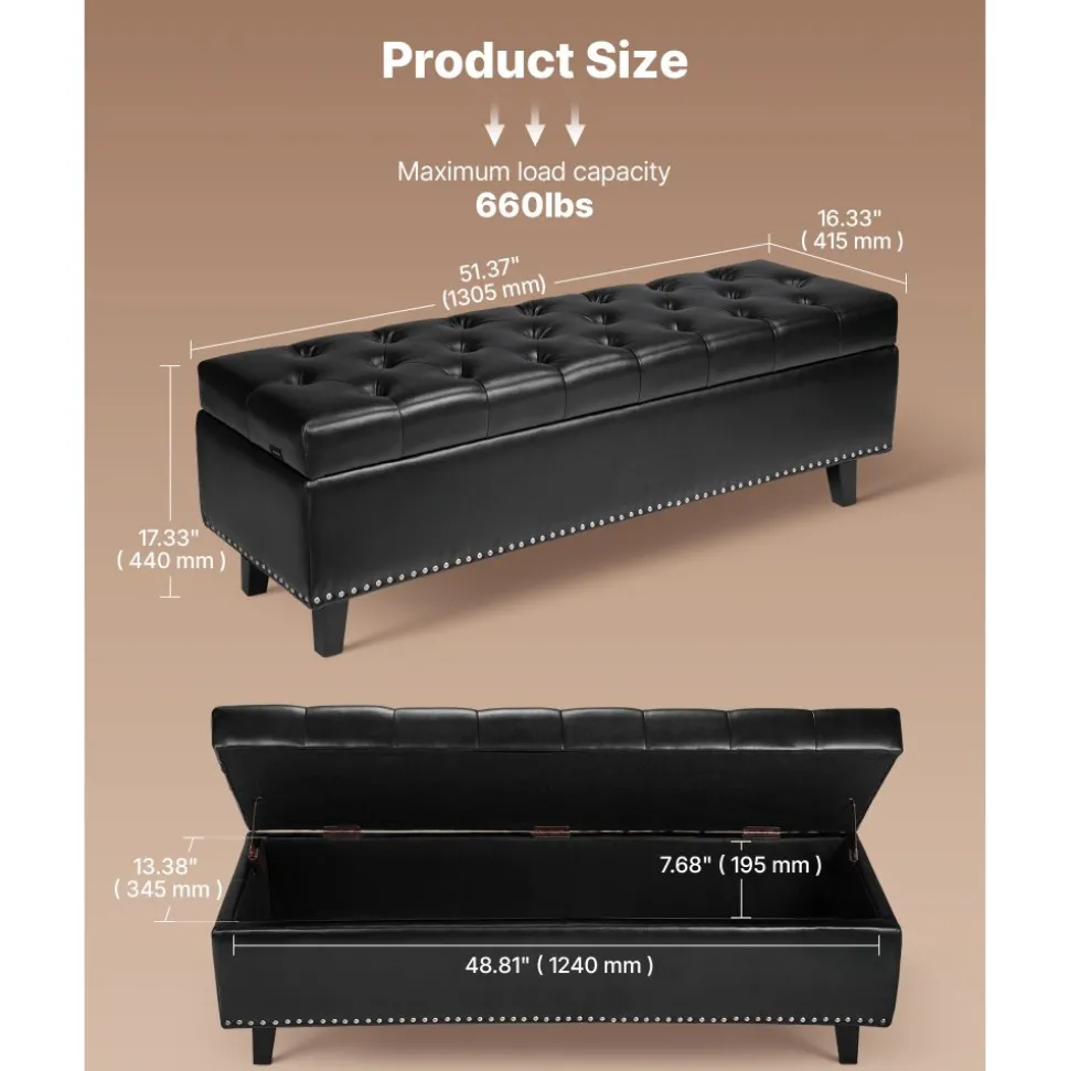 VEVOR Button-Tufted Storage Ottoman Bench, PU Leather Bench with Storage and Solid Wood Legs, Modern Shoe Benches Seat for Entryway, Upholstered End of Bed Benches for Living Room, Dining Room, Black