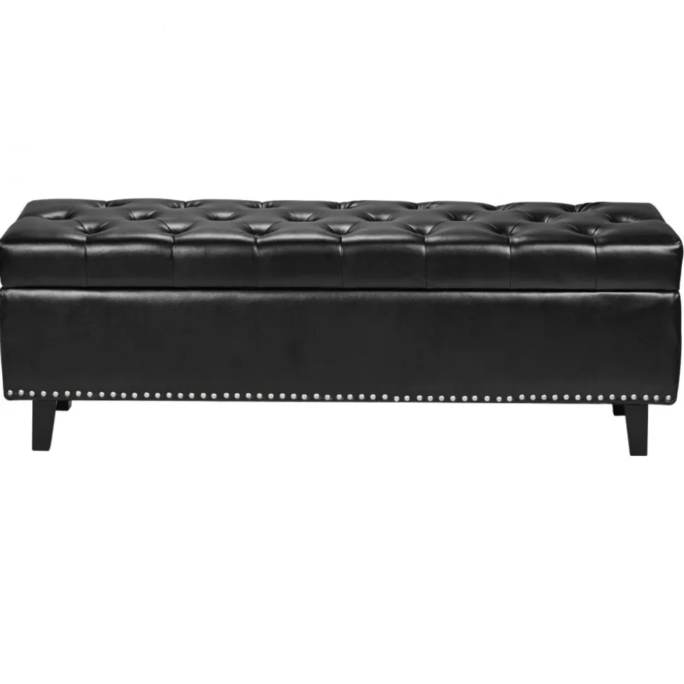 VEVOR Button-Tufted Storage Ottoman Bench, PU Leather Bench with Storage and Solid Wood Legs, Modern Shoe Benches Seat for Entryway, Upholstered End of Bed Benches for Living Room, Dining Room, Black
