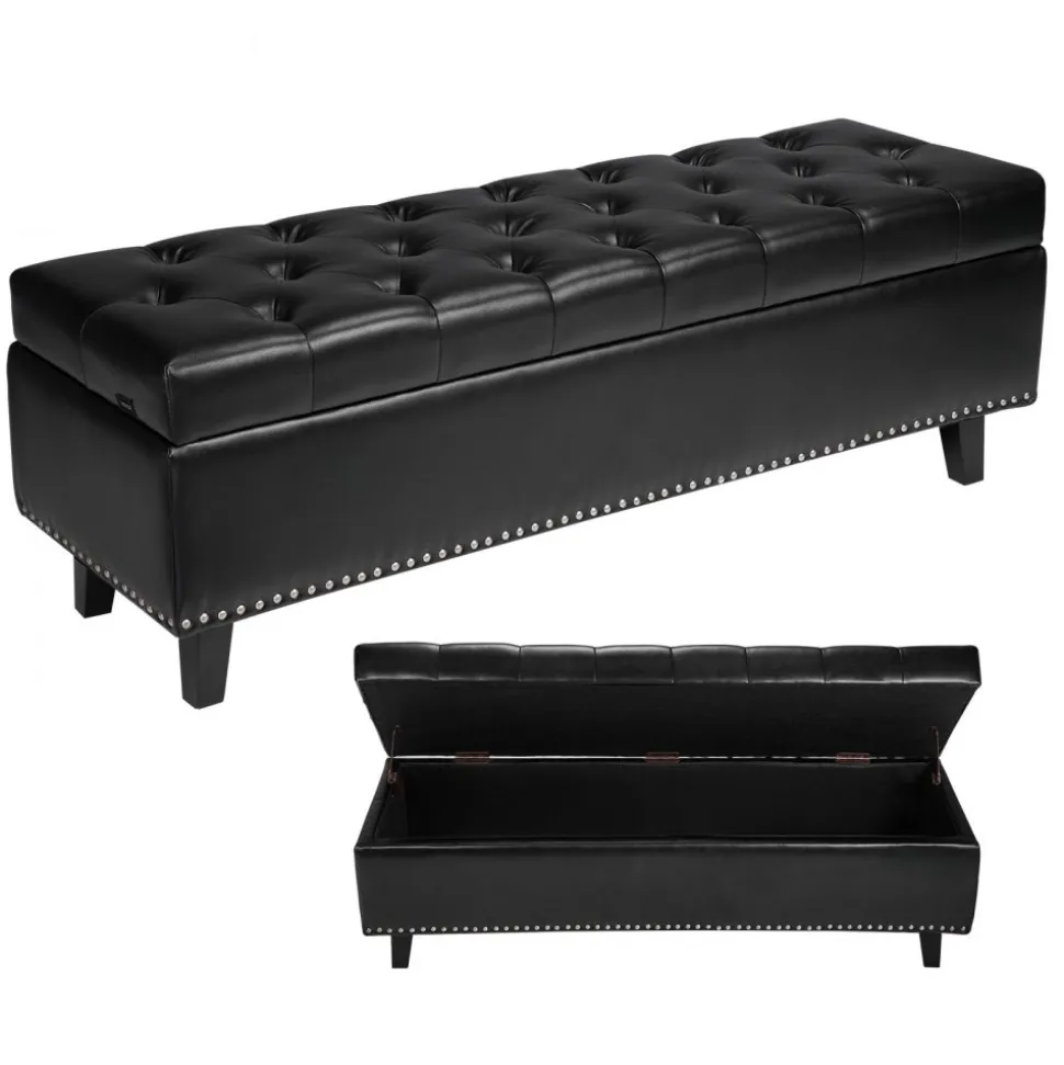 VEVOR Button-Tufted Storage Ottoman Bench, PU Leather Bench with Storage and Solid Wood Legs, Modern Shoe Benches Seat for Entryway, Upholstered End of Bed Benches for Living Room, Dining Room, Black
