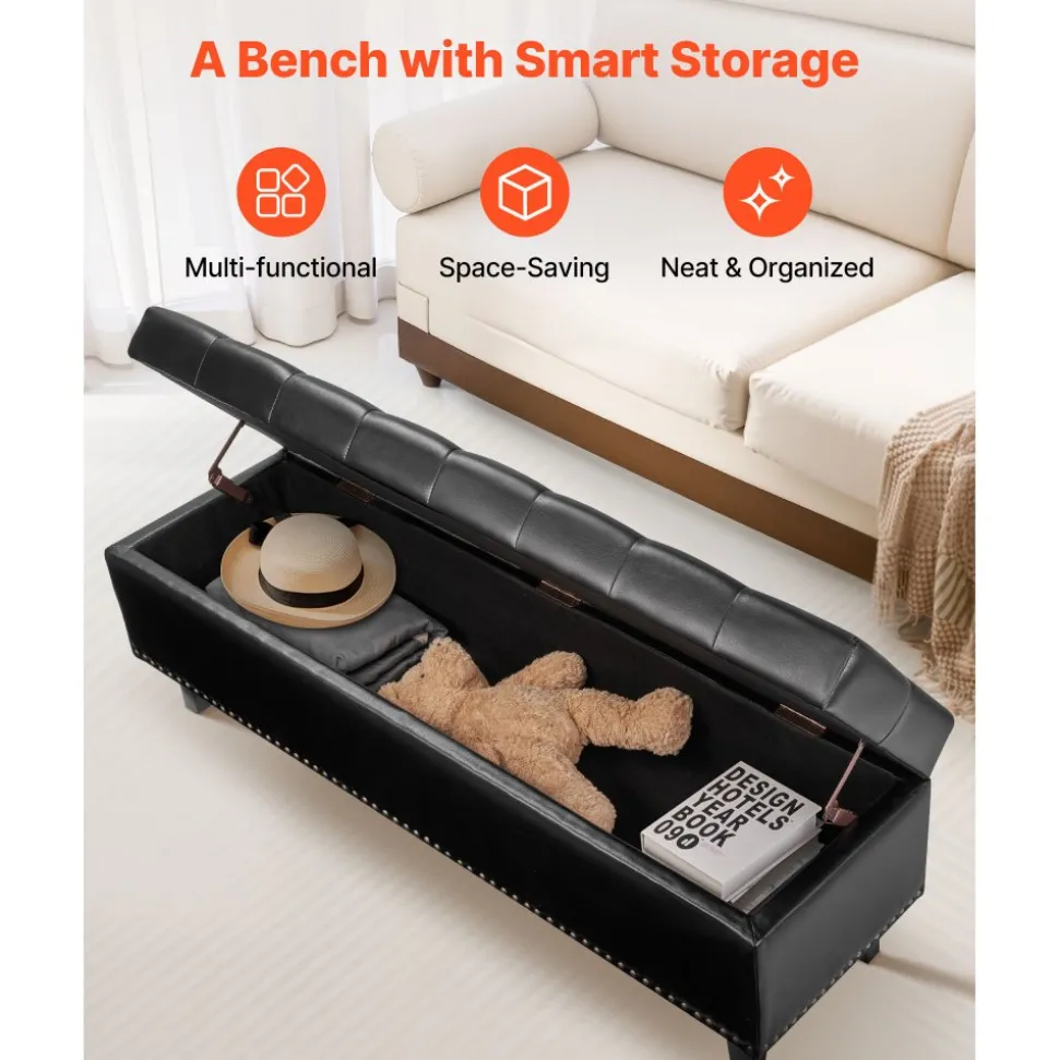 VEVOR Button-Tufted Storage Ottoman Bench, PU Leather Bench with Storage and Solid Wood Legs, Modern Shoe Benches Seat for Entryway, Upholstered End of Bed Benches for Living Room, Dining Room, Black