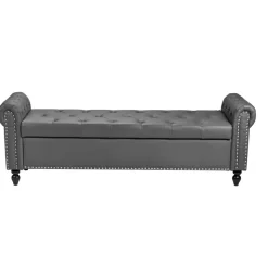 VEVOR Button-Tufted Storage Ottoman Bench, Rolled Arm PU Leather Bench with Solid Wood Legs, Modern Shoe Benches Seat for Entryway, Upholstered End of Bed Benches for Living Room, Dining Room, Gray