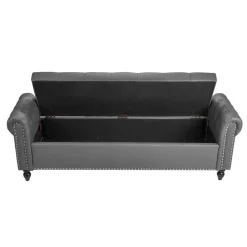 VEVOR Button-Tufted Storage Ottoman Bench, Rolled Arm PU Leather Bench with Solid Wood Legs, Modern Shoe Benches Seat for Entryway, Upholstered End of Bed Benches for Living Room, Dining Room, Gray