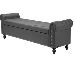 VEVOR Button-Tufted Storage Ottoman Bench, Rolled Arm PU Leather Bench with Solid Wood Legs, Modern Shoe Benches Seat for Entryway, Upholstered End of Bed Benches for Living Room, Dining Room, Gray